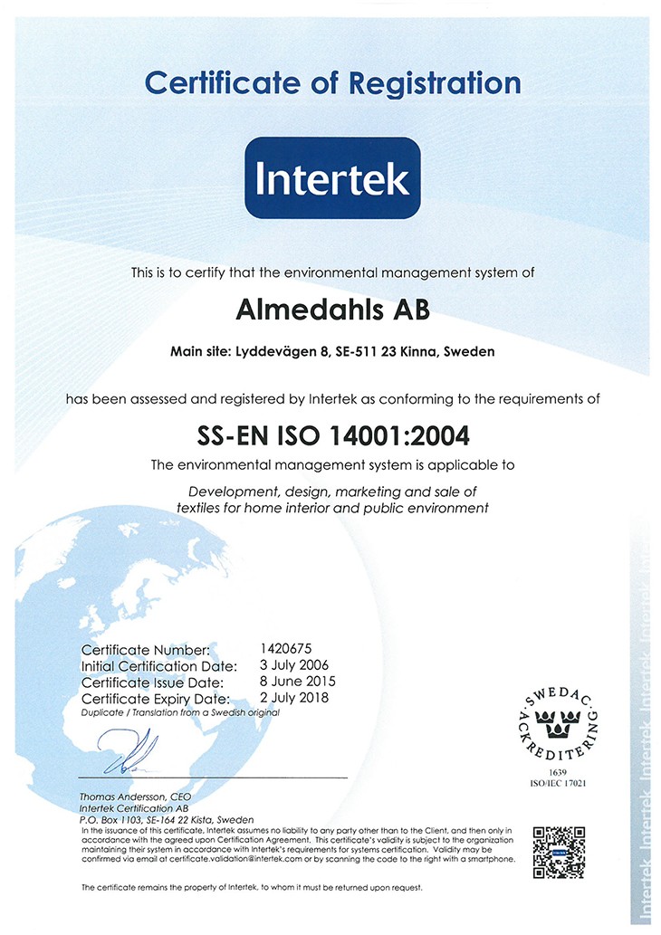 Сертификат для тканей в детскую ISO14001-2004